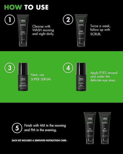 Tiege Hanley Skin Care Set for Men, Anti Aging Routine, System Level 3, Daily Face Wash, Facial Scrub, Two Moisturizers, Eye Cream, and Serum for Healthy, Hydrated Skin, Men’s Skin Care, 6 Piece Kit