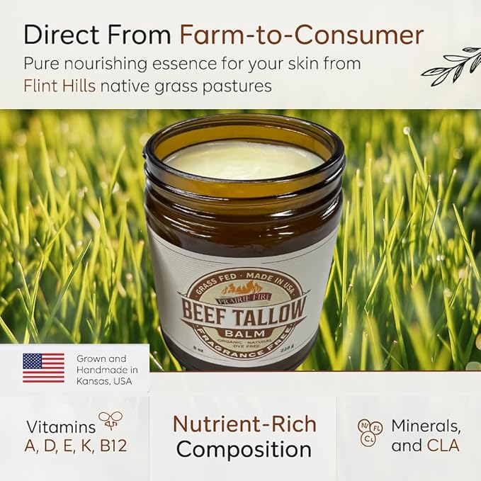 Grass Fed Beef Tallow Balm - 2 oz - Grown and Made in USA - Organic Grass Fed and Finished Tallow - Moisturizing Skin Care Orange