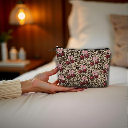 Leopard Print Cherry Makeup Bag, Coquette Preppy Pink Bow Cherry Cosmetic Bags Gifts for Women, Funky Y2k Cheetah Print Portable Travel Toiletry Bag Zipper Makeup Pouch