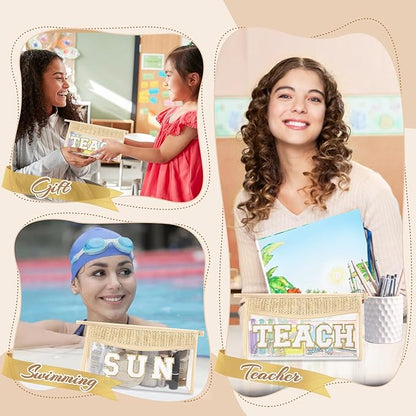 Teacher Appreciation Gifts Boho Straw Clear Makeup Bags, Zipper Cosmetic Bag Chenille Letter Patch Bag, Preppy Cute Beach Toiletry Pouch, Trendy Graduation Retirement Birthday Teacher Gifts for Women
