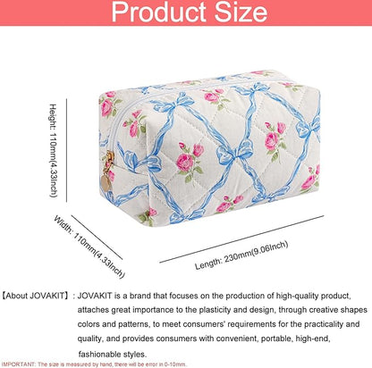 JOVAKIT Square Makeup Bag Cute Cosmetic Bag for Women, Floral Coquette Aesthetic Toiletry Bag, Zipper Make Up Pouch, Travel Make Up Organizer Bag (Blue Bowknot)