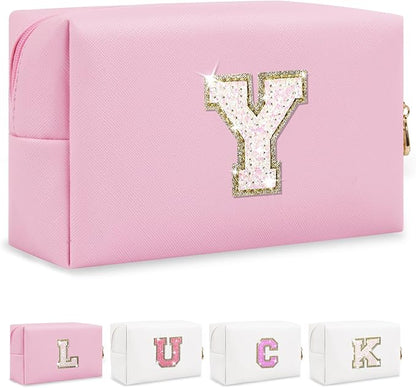 Initial Letter Patch Makeup Bag, Preppy Glitter Letter Pouch Cosmetic Bag,Small PU Travel Toiletry Bag Zipper,Personalized Monogrammed Gift for Friends Sister,Cute Stuff for Women Teen Girls(Letter Y)