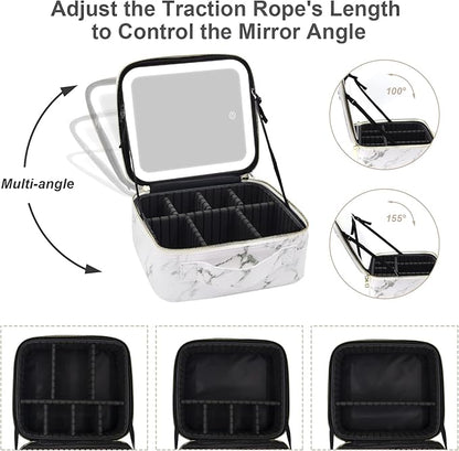 Makeup Bag with Mirror and Light, Makeup Case with Lighted Mirror, Travel Makeup Bag with Light up Mirror 3 Color Lights, Makeup Organizer Bag with Adjustable Dividers & Brush Holder(Marble)