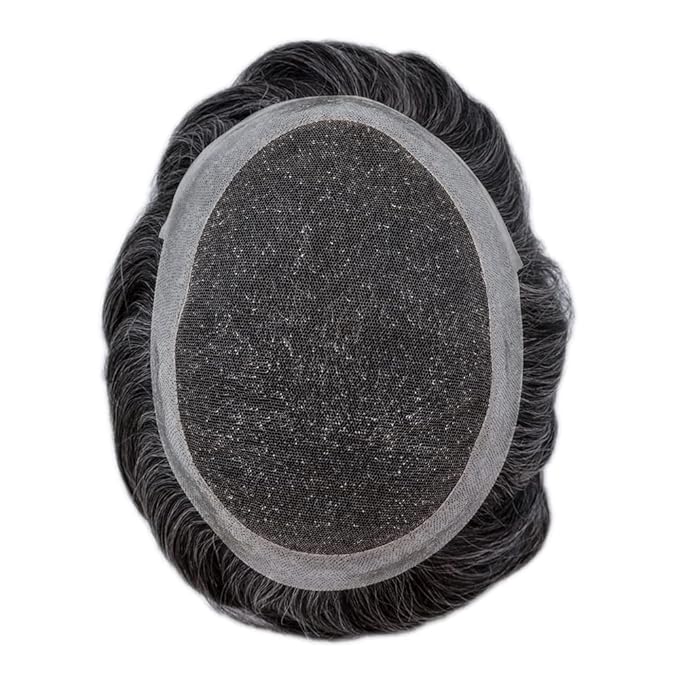 Mens Toupee Human Hair Piece French Lace Toupee for Man Hair System Indian Human Hair Replacement Systems V-Looped PU Front Hairpieces 8"X10" #1B30 1B# OFF BLACK WITH 30% SYNTHETIC GREY