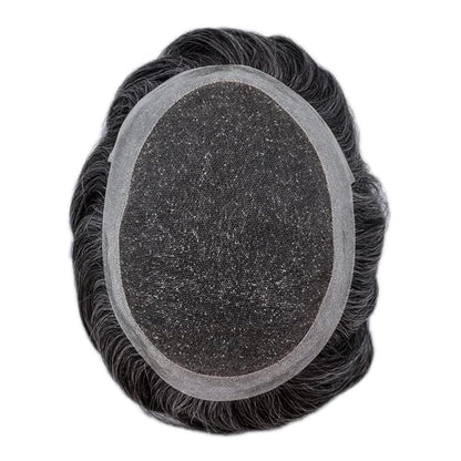 Mens Toupee Human Hair Piece French Lace Toupee for Man Hair System Indian Human Hair Replacement Systems V-Looped PU Front Hairpieces 8"X10" #1B30 1B# OFF BLACK WITH 30% SYNTHETIC GREY