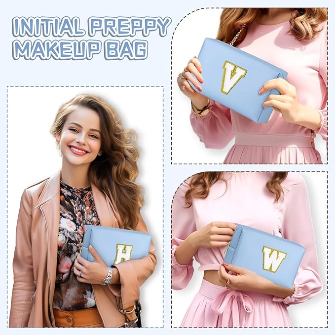 TOPEAST Initial Makeup Bag for Travel, Chenille Letter Pouch Cosmetic Bag, PU Leather Waterproof Toiletry Bag, Personalized Gifts for Bride Bridesmaids, Cute Things for Girls (Sky Blue Q)