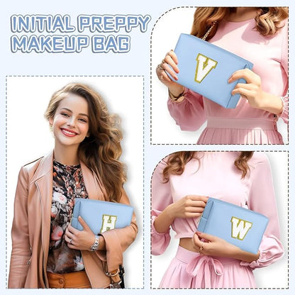 TOPEAST Travel Makeup Bag, Personalized Initial Toiletry Bag w Zipper, Cute Makeup Pouch, PU Leather Waterproof Cosmetic Bag, Birthday Gift for Daughter, Preppy Things for Girls (Sky Blue G)