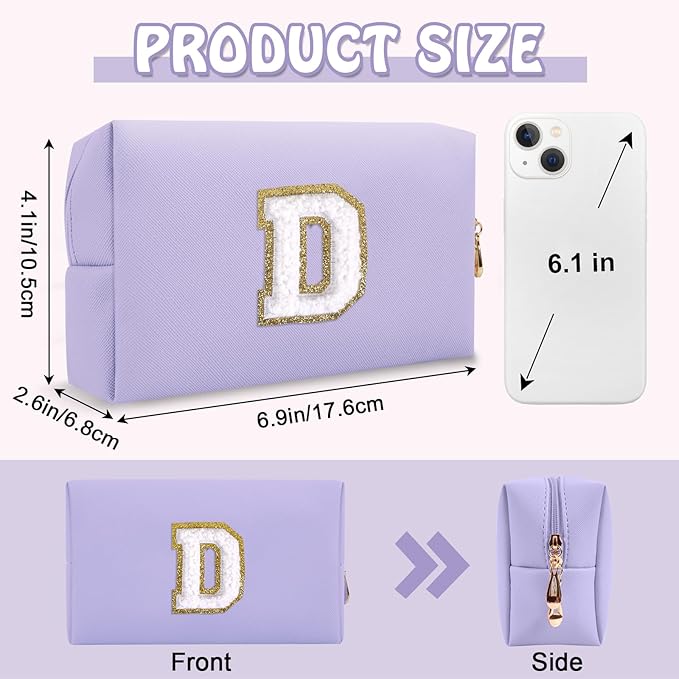 Personalized Chenille Letter Preppy Makeup Bag, Mini Cute Purple Initial Cosmetic Bags Travel Toiletry Zipper Pouch Makeup Storage, Waterproof Make Up Case Travel Essentials for Women Female(Letter D)