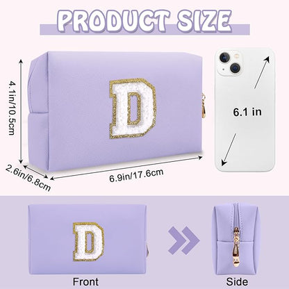 Personalized Chenille Letter Preppy Makeup Bag, Mini Cute Purple Initial Cosmetic Bags Travel Toiletry Zipper Pouch Makeup Storage, Waterproof Make Up Case Travel Essentials for Women Female(Letter D)