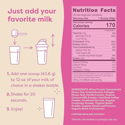 FlavCity Grass Fed Whey Protein Powder - Vanilla Latte - 25g Protein, 10g Collagen & 60mg of Caffeine - Made with Real Vanilla Bean & Organic Coconut - Gluten Free & No Added Sugars (20 Servings)