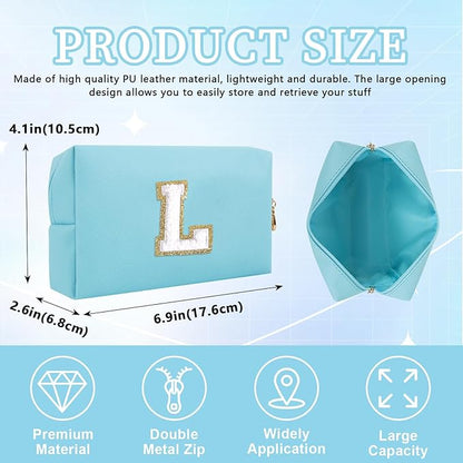 Personalized Initial Letter Patch Makeup Bag, Preppy Portable Chenille Cosmetic Bag with Zipper, PU Leather Waterproof Travel Toiletry Bag Monogram Make Up Pouch for Women Girls