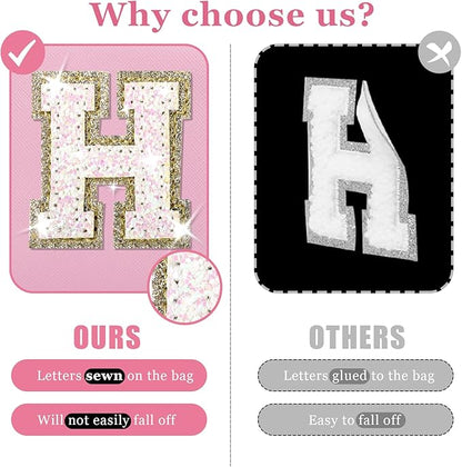 Personalized Initial Makeup Bag, Small Glitter Letter Patch Cosmetic Pouch Zipper, Preppy Makeup Organizer PU Waterproof Travel Toiletry Bag,Monogrammed Birthday Gift for Women Girls(Letter H)