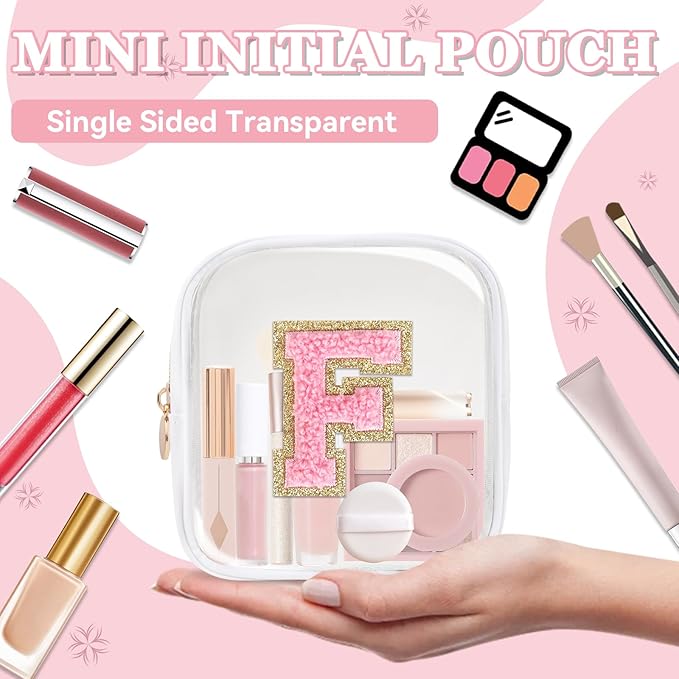 Mini Clear Personalized Initial Makeup Bag,Nylon Preppy A-Z Chenille Letter Patch Zipper Cosmetic Bag, Small Cute Beach Pouch Travel Purse Sanitary Napkin Storage Bag for Women Girls(White-Pink F)