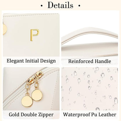 Birthday Gifts for Women Teen Girl, Personalized Initial Makeup Organizer Bag Set, Open Flat Travel Cosmetic Bag With Clear Divider and Handle(Beige,P)