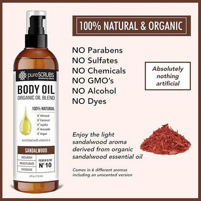 pureSCRUBS Ultra Moisturizing Sandalwood Body Oil Spray For Dry Skin, Massage, Cuticles & More, Organic Blend of Jojoba, Argan, Coconut, Sweet Almond & Avocado Oils Enriched with Vitamin E, Lg 4oz
