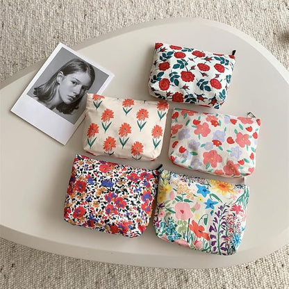 Floral Makeup Bag Large Cotton Zipper Pouch for Purse Travel Canvas Make Up Organizer for Women Cosmetic,Flower Pink