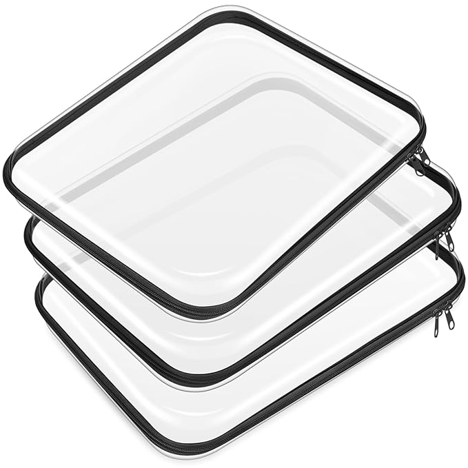 Hoolerry 3 Pcs Clear Hard Zipper Case Plastic Pouch Transparent Hard Case Clear Makeup Bag Portable Travel Organizer Bin for Cosmetics, Building Blocks, Puzzles(Black,L)