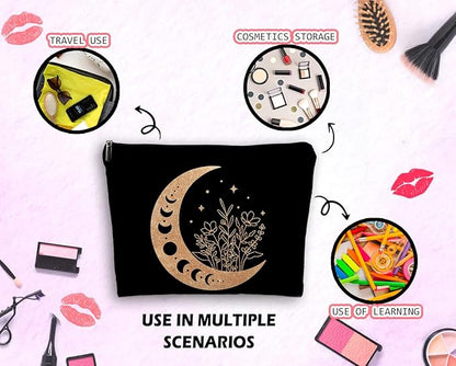 Boho Floral Celestial Crescent Moon Phase Makeup Bag, Mystical Crescent Moon Linen Makeup Travel Toiletry Bag, Abstract Floral Moon Cosmetic Bag Gifts For Girls Women Daughter Sister