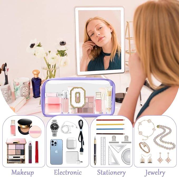 Personalized Initial Letter Clear Makeup Bag,Preppy Small Nylon&PVC Cosmetic Zipper Bag with Chenille Letter,Travel Skincare Toiletry Bag,Monogram Christmas Gift for Teen Girls Women,O