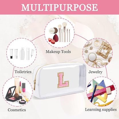 Small Clear Personalized Initial Makeup Bag,Nylon Preppy A-Z Chenille Letter Patch Cosmetic Pouch Beach Toiletry Bag,Waterproof Zipper Travel Purse Storage Bag Organizer for Women Girls(White-Pink L)