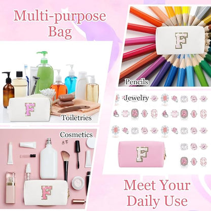 Glitter Initial Letter Makeup Bag, Small Personalized Sequins Letters PU Leather Cosmetic Bag Portable Waterproof Makeup Zipper Pouch, Shine Handbag Organizer Travel Bag Gifts for Women&Girls(White-F)