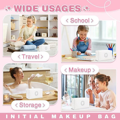 Bride Gifts – Personalized Initial Makeup Bag with Pearl Rhinestone Patch, Preppy White Monogram Cosmetic/Toiletry Pouch, bridesmaid Gifts, Bridal Shower Gifts, Wedding Gifts, Bridal Gifts,O