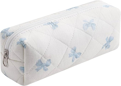 Cute Floral Cotton Makeup Brush Cosmetic Bag for Women, Travel Quilted Zipper Make Up Bag, Flowers Toiletry Organizer Case Kawaii Makeup Cosmetic Travel Cloth Pouch (Blue Bow Tie)