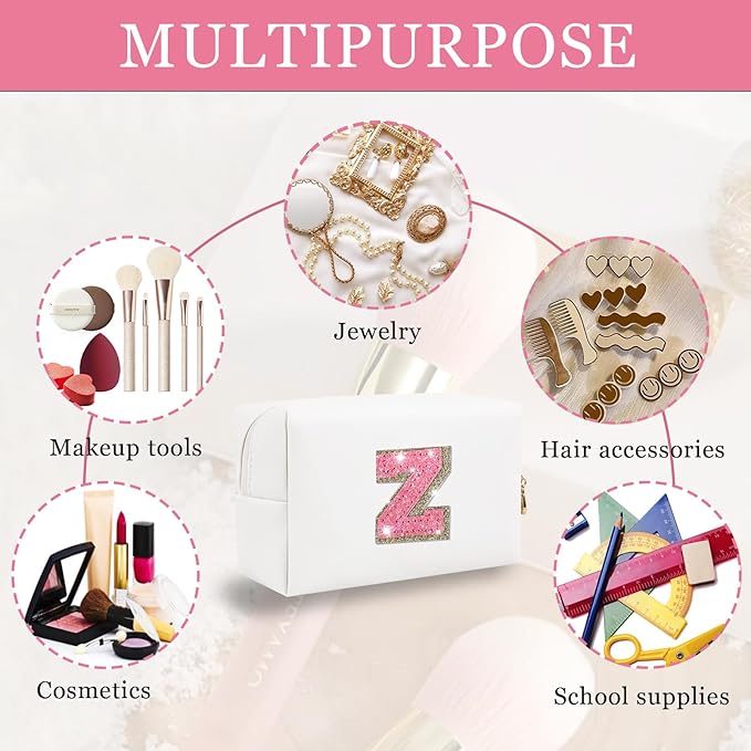 Initial Letter Patch Makeup Bag, Preppy Glitter Letter Pouch Cosmetic Bag,Small PU Travel Toiletry Bag Zipper,Personalized Monogrammed Gift for Friends Sister,Cute Stuff for Women Teen Girls(Letter Z)