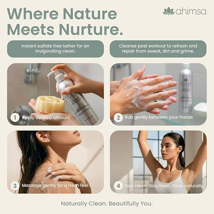 Ahimsa Natural Body Wash for Women, Hydrating & Moisturizing Body Wash Sensitive Skin, Antioxidant-Rich Bath & Shower Gels with Spearmint & Ginger, Gentle, Plant-Based, Organic Formula, 10oz