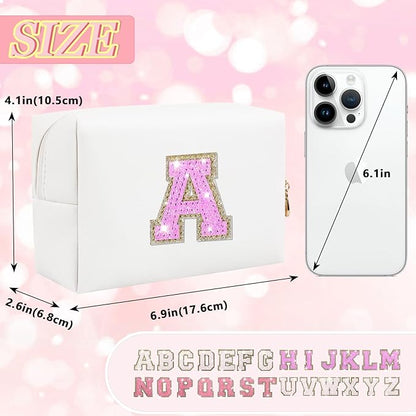Personalized Initial Letter Makeup Bag, Preppy Glitter Letter Patch Cosmetic Pouch Zipper,PU Waterproof Travel Toiletry Bag Cute Makeup Organizer Monogrammed Make Up Bag,Gift for Women Girls(Letter A)