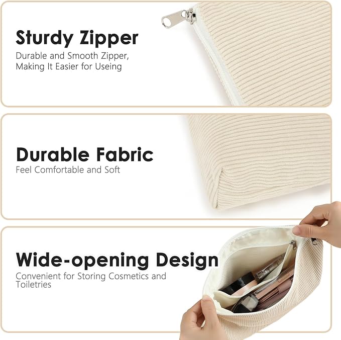 Corduroy Makeup Bag, Travel Cosmetic Bag Organizer Toiletry Bag Make Up Bags with Zipper & Compartments for Women Girls