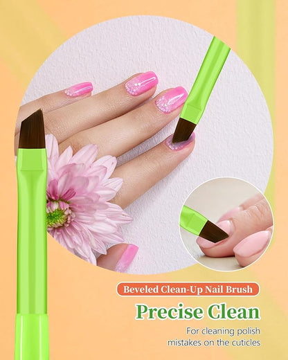 3PCS Nail Polish Clean Up Brush, Round&Falt&Angled Acetone Resistant Nail Brush for OPI Nail Polish Remover, Fingernail Cleaning Brushes at Home Nail Art and Designs(Bright Green)