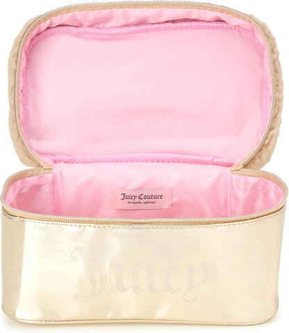 Juicy Couture Gold Makeup Bag Cosmetics Organizer Travel Essentials Train Case Shiny Rhinestones Faux Shearling