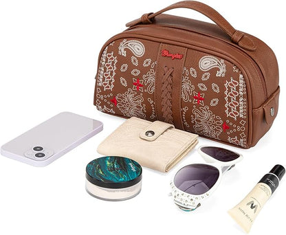 Montana West Wrangler Makeup Bag for Women Small Cosmetic Toiletry Bags Western Paisley Make Up Pouch Durable Cute Travel Purse, Brown