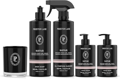 Preston Lane Signature Home Set – All Purpose Cleaner, Dish Soap, Hand Wash, Hand Cream & Scented Candle | Plant-Powered Cleaning & Care Essentials with Fine Italian Fragrance, Mayfair