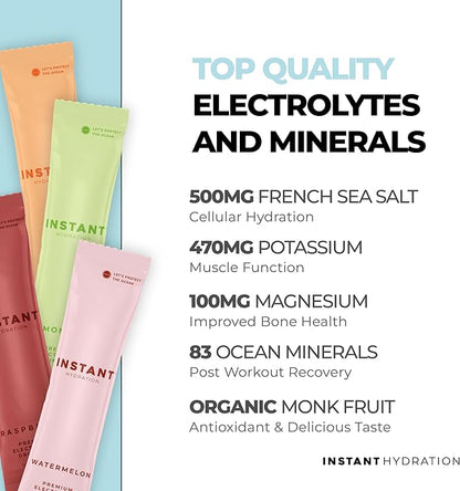 Instant Hydration Electrolytes Powder Packets - Variety Pack - Zero Sugar - Keto, Vegan, Gluten-Free, Non-GMO - Boost Recovery, Brain Function, Muscle & Tissue Health - 12 Sticks