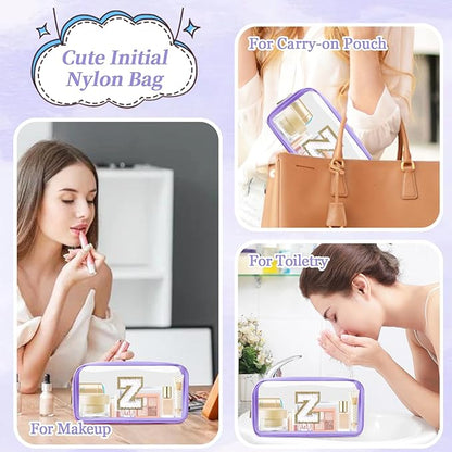 Small Clear Personalized Initial Makeup Bag, Preppy A-Z Chenille Letter Patch Cosmetic Bag, Cute Transparent Nylon Waterproof Zipper Beach Varsity Letter Pouch, Gift for Women Girls(Purple-White Z)