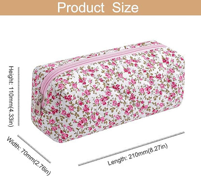 Cute Floral Cotton Makeup Brush Cosmetic Bag for Women, Travel Quilted Zipper Make Up Bag, Flowers Toiletry Organizer Case Kawaii Makeup Cosmetic Travel Cloth Pouch (Red Floral)