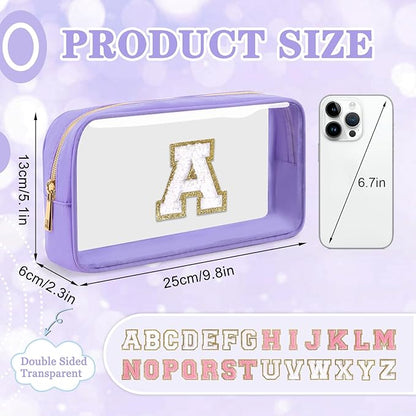 Small Clear Personalized Initial Makeup Bag,Nylon Preppy A-Z Chenille Letter Patch Cosmetic Pouch Beach Toiletry Bag,Waterproof Zip Travel Purse Storage Bag Organizer for Women Girls(Purple-White A)