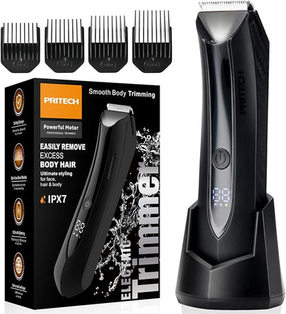 PRITECH Body Hair Trimmer for Men - Rechargeable Trimmer for Mens with Ceramic Blade, Wet & Dry Mens Ball Trimmer with Standing Recharge Dock, Cordless Groin Hair Trimmer for Men
