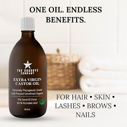 Premium Organic Cold-Pressed Castor Oil - 16.9 oz Glass Bottle, Hexane-Free, Small Batch, Extra Virgin, Ethically Sourced for Hair Growth, Skin Care, Lashes, Brows & Castor Oil Packs