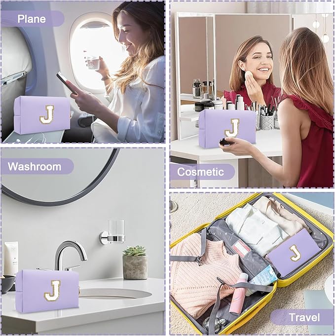 Personalized Preppy Small Travel Makeup Bag, Initial Purple Cute Chenille Letter Makeup Bag Cosmetic Zipper Pouch Toiletry Organizer,Waterproof PU Makeup Case Storage Preppy Stuff for Female(Letter J)