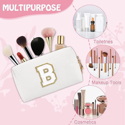 Small Initial Preppy Makeup Bag Organizer, White Cute Chenille Letter Cosmetic Zipper Pouch Toiletry Bags for Traveling, Waterproof PU Makeup Pouch Personalized Gifts for Bride Bridesmaid(Letter B)