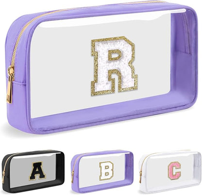 Personalized Initial Letter Clear Makeup Bag,Preppy Small Nylon&PVC Cosmetic Zipper Bag with Chenille Letter,Travel Skincare Toiletry Bag,Monogram Christmas Gift for Teen Girls Women,R