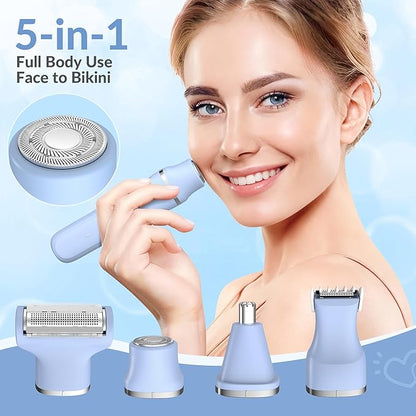 KINGTEE 5-in-1 Electric Bikini Trimmer for Women – IPX7 Waterproof Shaver, Cordless Body & Facial Razors for Women, Ceramic Blades, USB-C Rechargeable, Painless Hair Removal Kit (Blue)