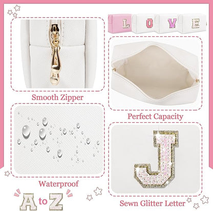 Initial Letter Patch Makeup Bag, Small Preppy A-Z Glitter Letter Cosmetic Bag, PU Leather Waterproof Travel Toiletry Bag, Cute Make Up Pouch Personalized Monogrammed Gift for Women Teen Girls