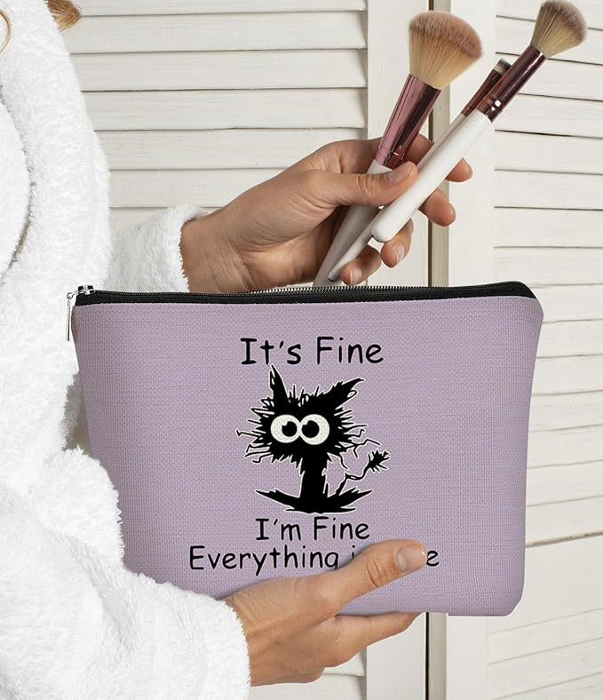 Funny Cute Cat Makeup Bag,Cat Lover Gifts For Women,Its Fine Im Fine Everythings Fine,Black Cat Cosmetic Bag Small Pouch,Birthday Gift,Coworker Gifts(Purple)