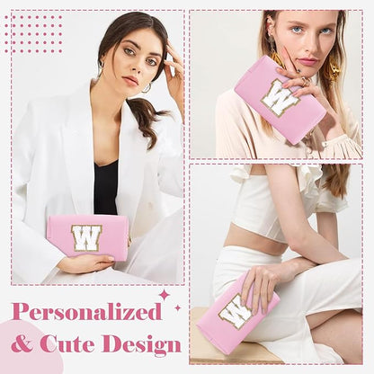 Personalized Initial A-Z Preppy Patch Makeup Bag,Small PU Chenille Letter Cosmetic Bag with Zipper for Teen Girls,Pink Cute Toiletry Organizer Bag,Monogram Makeup Case Gift for Women Girls,Letter W
