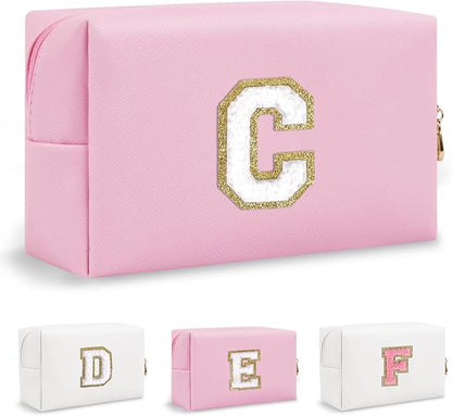 Personalized Initial Preppy Makeup Bag, Small Cute Pink Toiletry Pouch Monogram Cosmetic Travel Organizer with Zipper, PU Waterproof Glitter Make Up Bags Gift for Female Coworker Friends(Letter C)