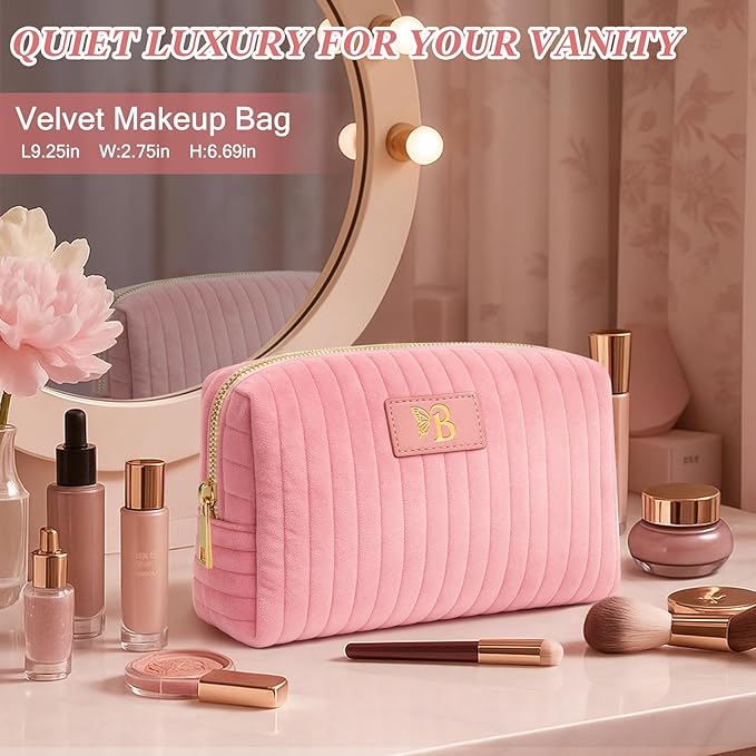 Monogrammed Make Up Bags for Women,Personalized Cosmetic Bags Women,Small Quilted Makeup Pouch,Cute Makeup Bag Travel,Birthday Gifts for Teen Girl (Pink B)